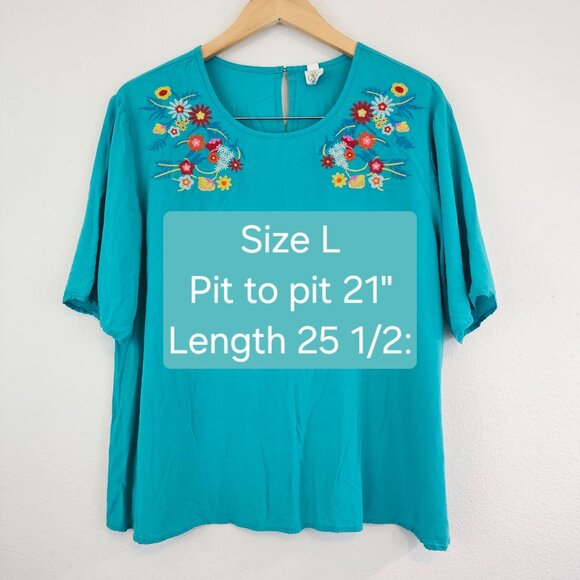 This & That Sz L Turquoise Floral Embroidered Viscose Blouse Boxy Top Boho Summe - Picture 4 of 9